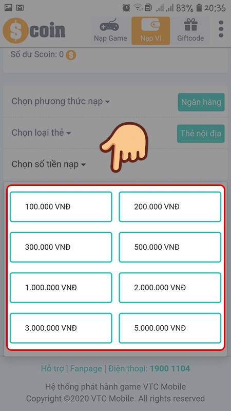 Bước 3: Chọn số tiền muốn nạp.