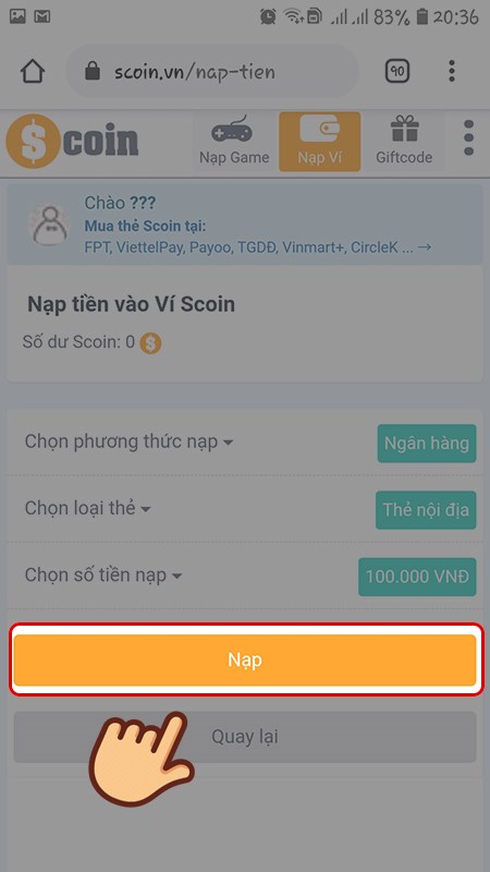 Bước 4: Chọn Nạp.