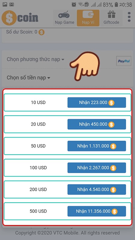 Bước 2: Chọn số tiền nạp. Paypal