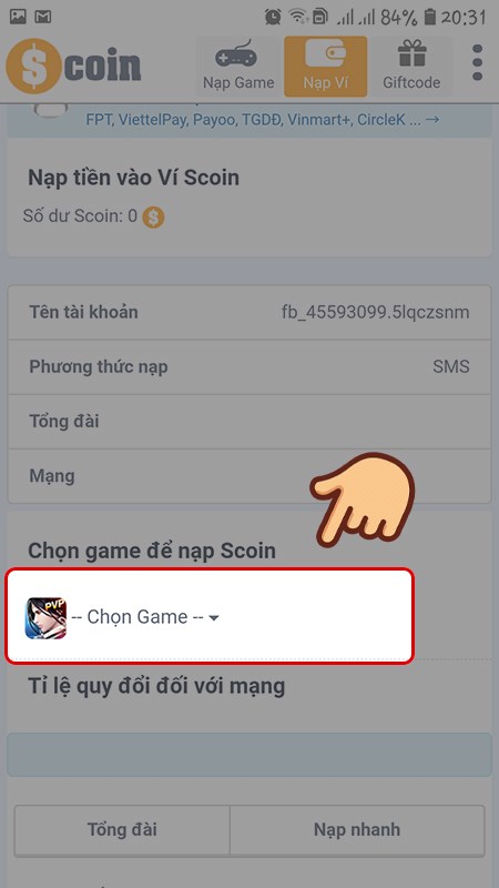 Chọn game muốn nạp.