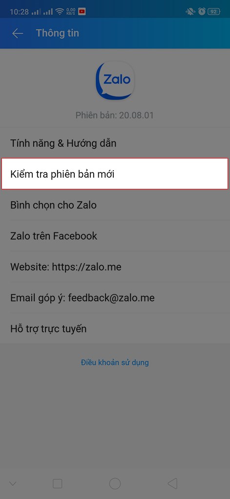 Chọn kiểm tra phiên bản mới