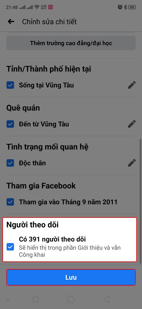 T&iacute;ch v&agrave;o &ocirc; người theo d&otilde;i v&agrave; bấm lưu
