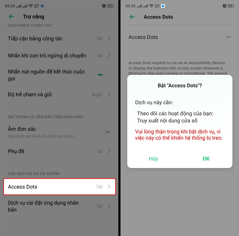 t&igrave;m đến d&ograve;ng Access Dots v&agrave; Bật