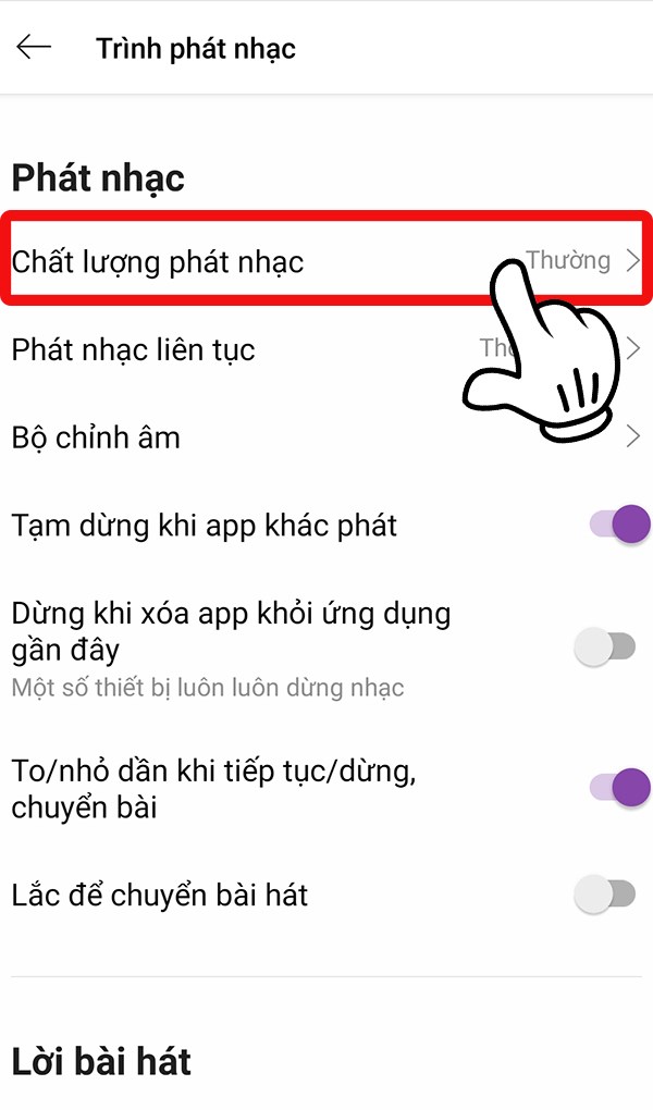 Chọn Chất lượng ph&aacute;t nhạc.