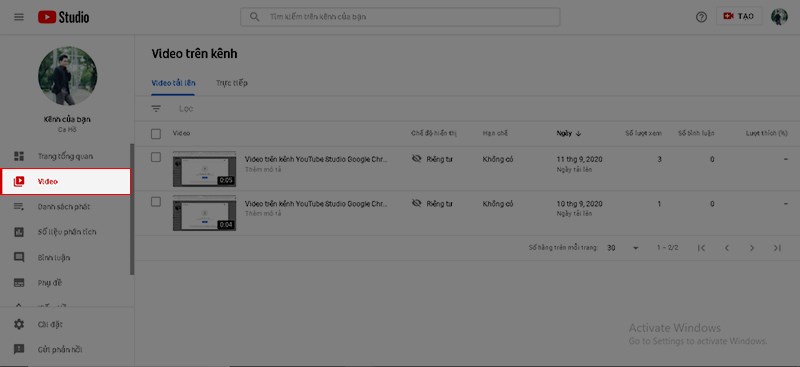 Chọn mục video trong trang Youtube Studio