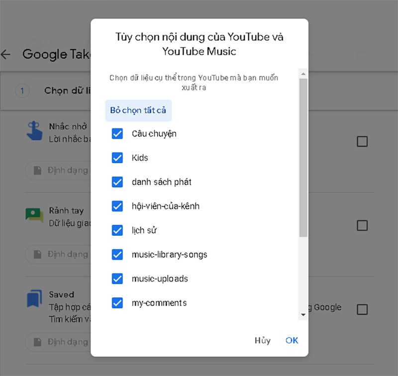 T&ugrave;y chọn nội dung sao lưu của Youtube 