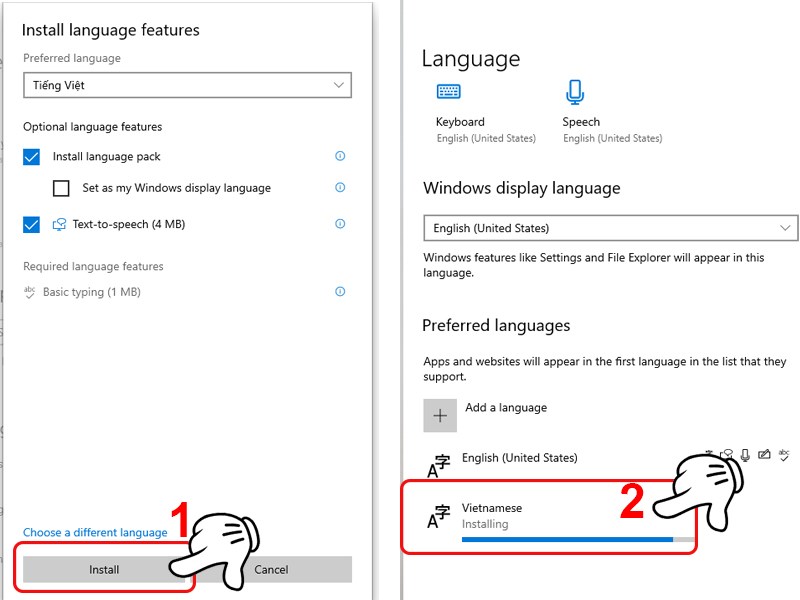 Nhấn Install và đợi quá trình tiếng Việt được cài vào máy tính của bạn hoàn tất.