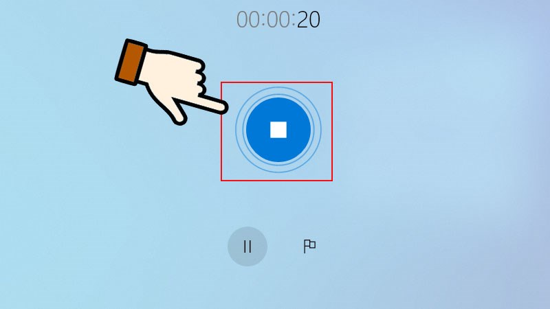 Để dừng, hoàn tất ghi âm và lưu file nhấn vào biểu tượng Stop. File ghi âm sẽ tự động lưu.