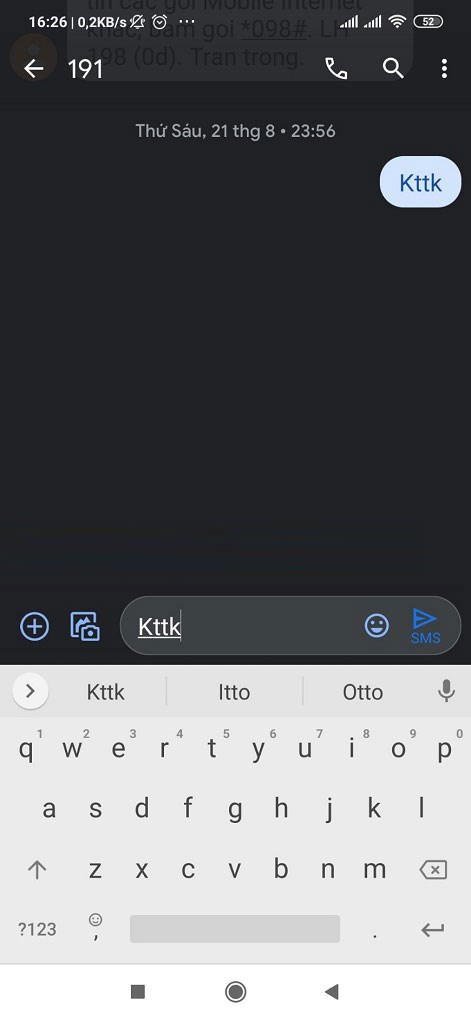 Kiểm tra bằng tin nhắn: soạn KTTK gửi 191