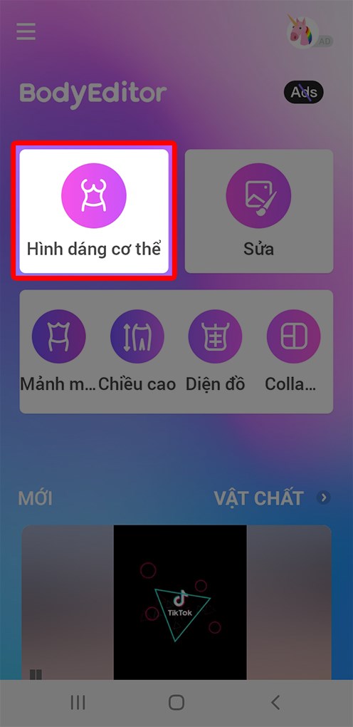  Chọn ứng dụng Body Editor, sau đ&oacute; bấm v&agrave;o mục H&igrave;nh D&aacute;ng Cơ Thể để lựa chọn ảnh cần chỉnh sửa.