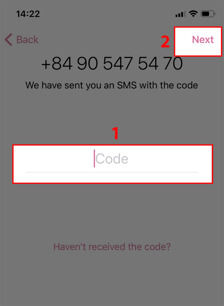 Nhập mã Code mà ứng dụng đã gửi vào số điện thoại bạn vừa nhập