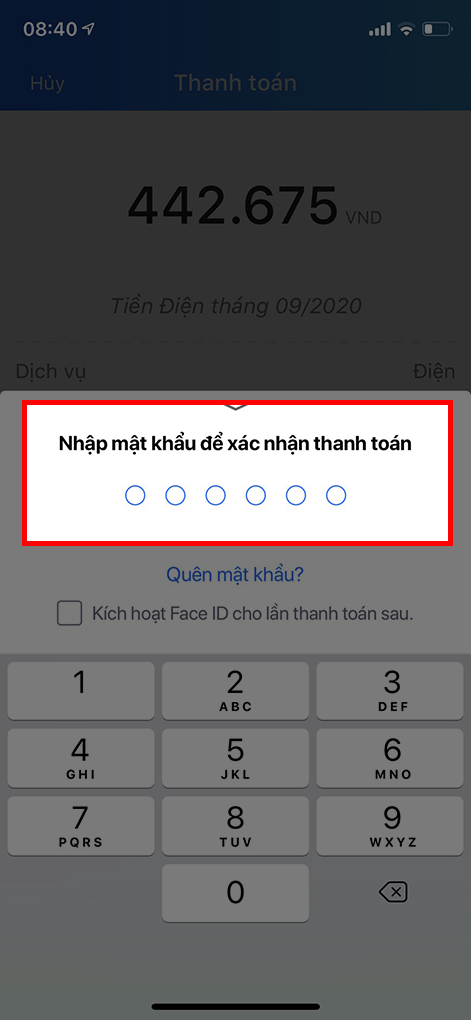 Nhập mật khẩu để x&aacute;c nhận thanh to&aacute;n