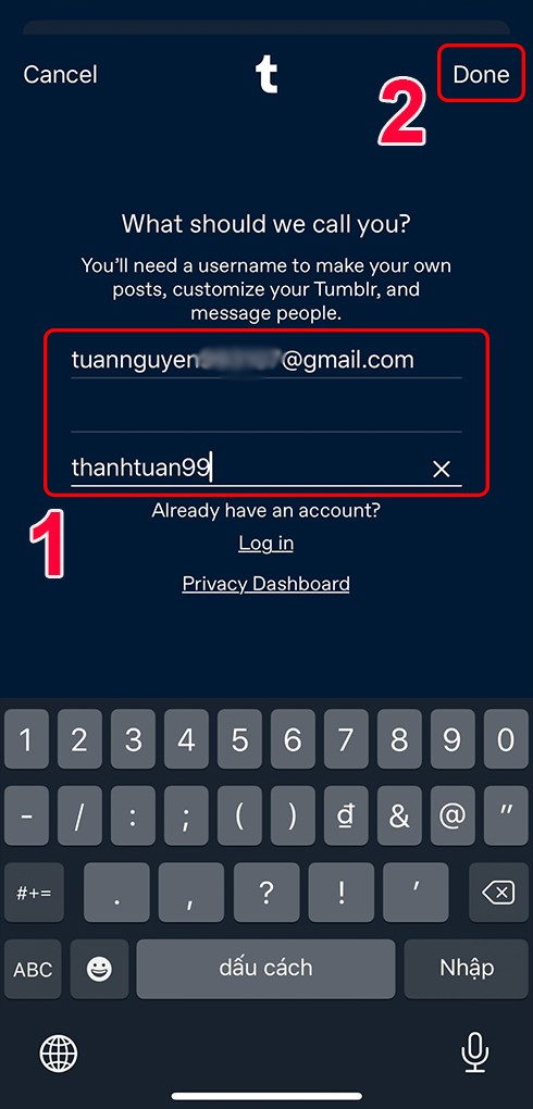 Nhập địa chỉ email, mật khẩu, tên bạn