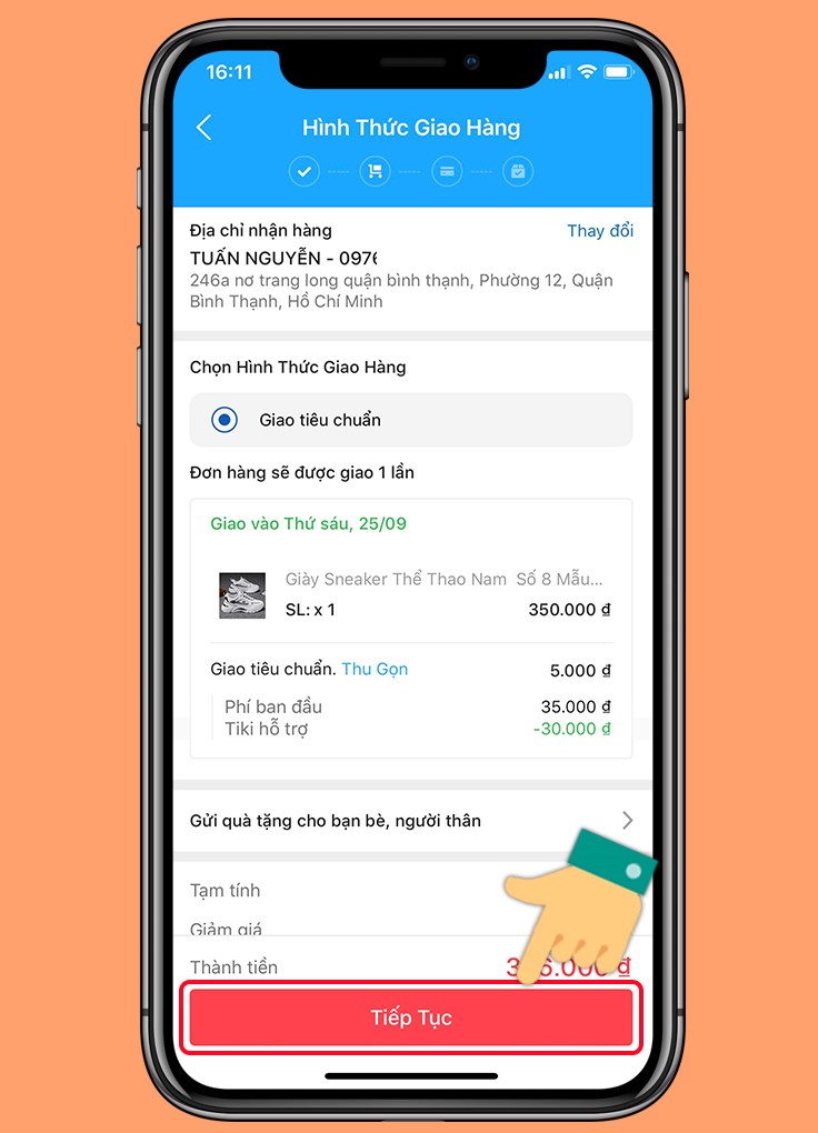Nhấn Tiếp tục để đặt hàng