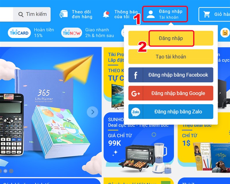 Mở trang web Tiki và chọn Đăng nhập