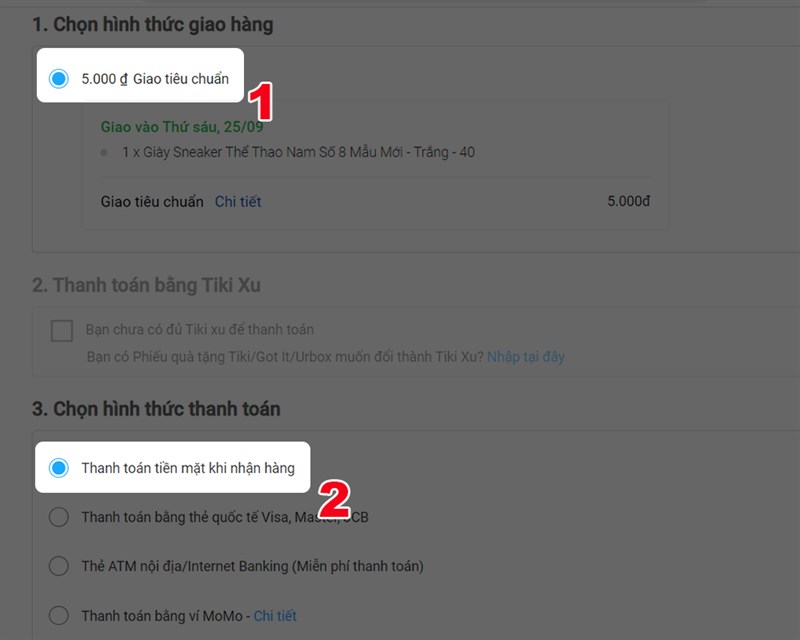 Chọn hình thức giao hàng và hình thức thanh toán.