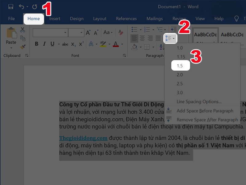 Lựa chọn thông số giãn dòng có sẵn trong Word
