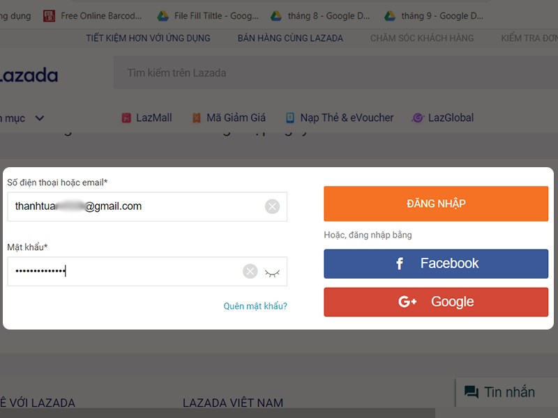 Đăng nhập tài khoản Lazada