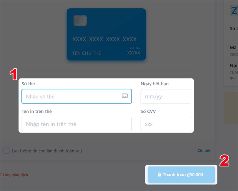 Nhập só thẻ và thanh toán.