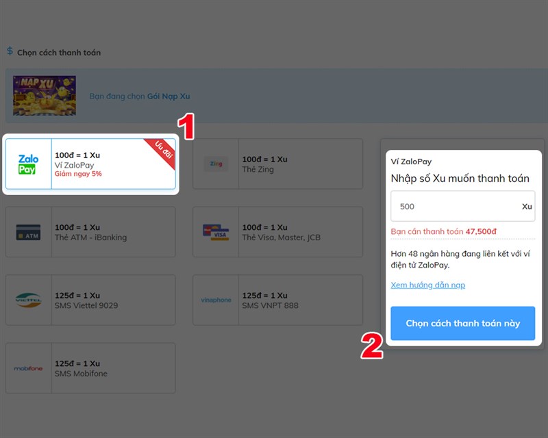Chọn cách thức thanh toán là Ví ZaloPay