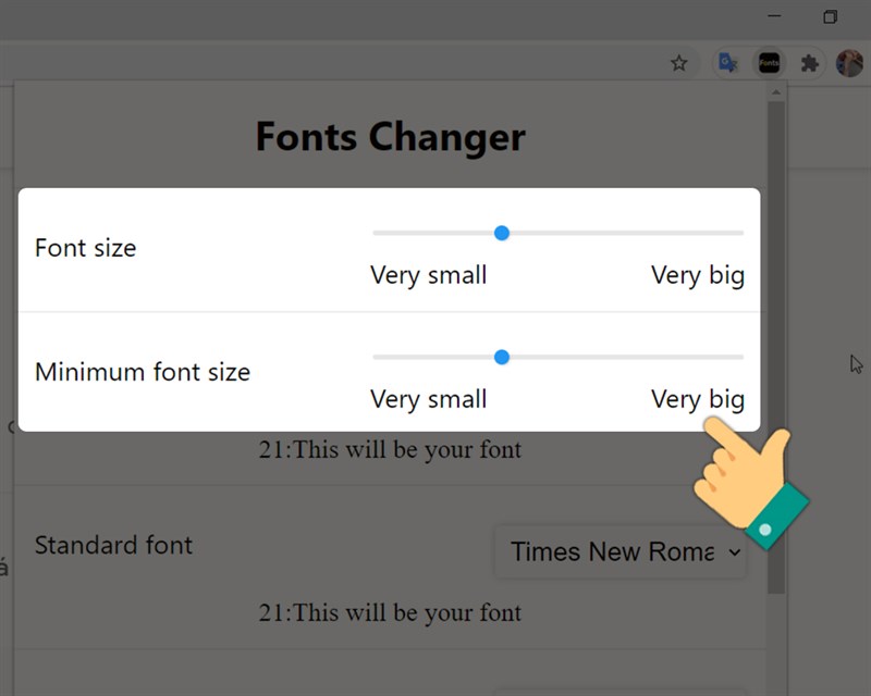 Điều chỉnh thanh công cụ ở mục Font size và Minimum font size