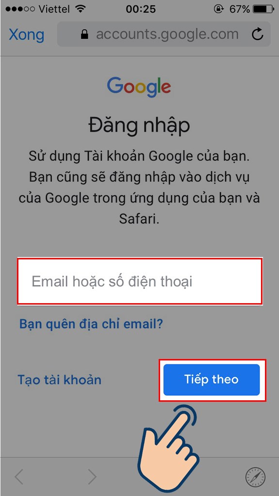 Đăng nhập t&agrave;i khoản của m&igrave;nh bằng c&aacute;ch nhập t&agrave;i khoản Gmail v&agrave; nhấn Tiếp theo.
