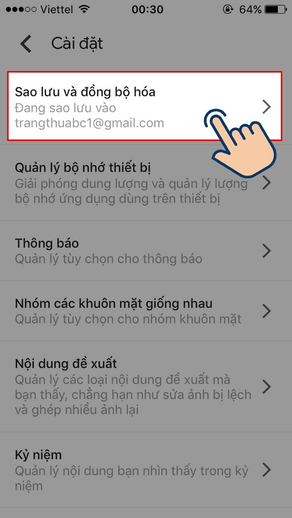 Nhấp v&agrave;o Sao lưu v&agrave; đồng bộ ho&aacute;.