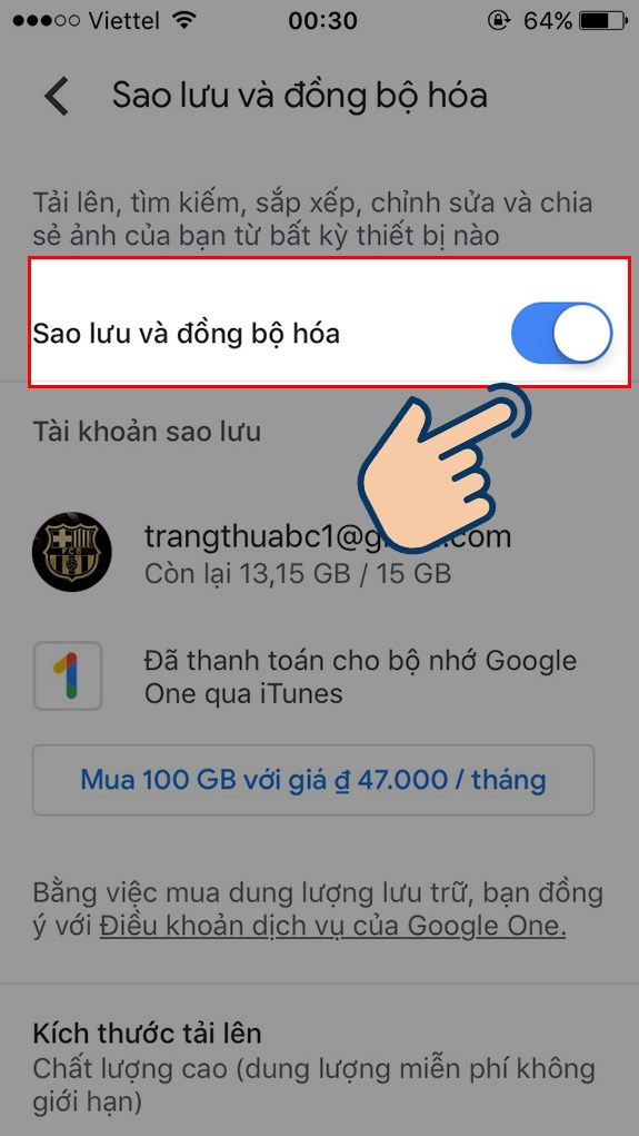  Bật Sao lưu v&agrave; đồng bộ ho&aacute;.
