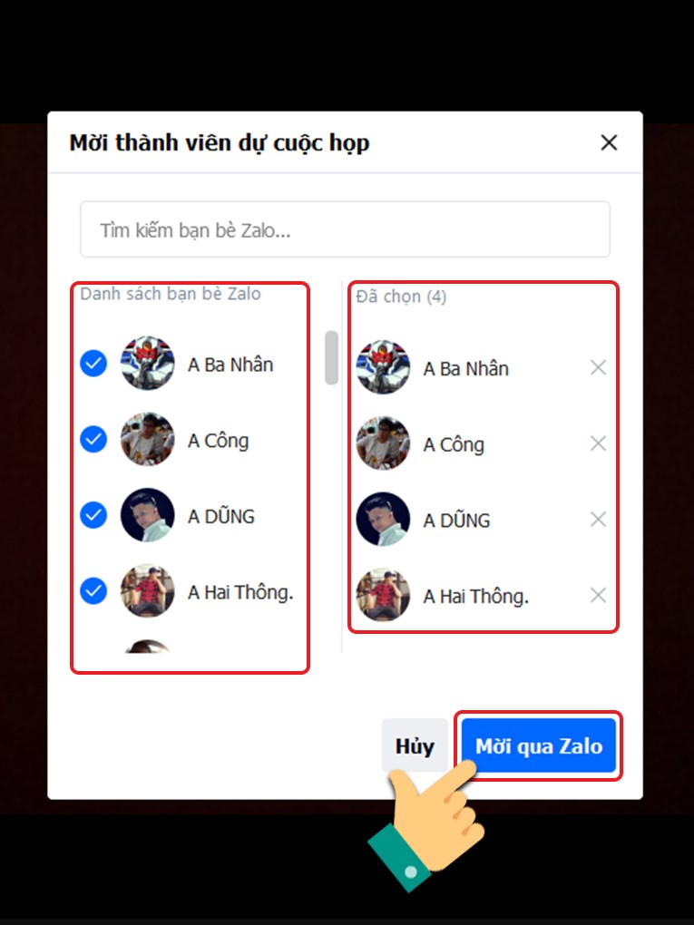 Mời các thành viên qua Zalo.