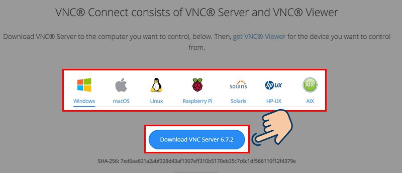 Vào trang chủ VNC Viewer,  Chọn hệ điều hành tương ứng và chọn vào Dowload.