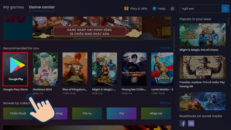 chọn v&agrave;o Google Play tại m&agrave;n h&igrave;nh ch&iacute;nh BlueStacks.