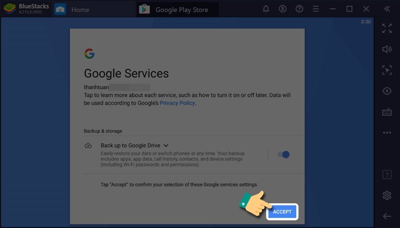 Nhấn vào ACCEPT để tiếp tục vào của hàng Google Play