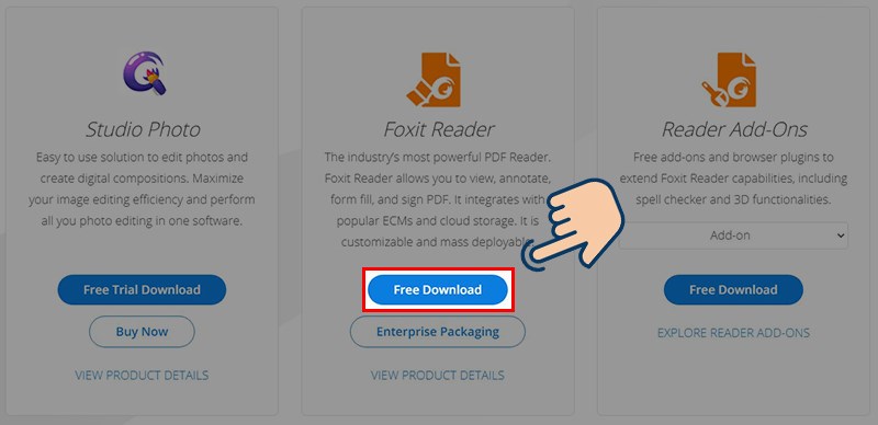  Vào trang web Foxit Reader, tại đây bạn hãy chọn vào Free Download ở mục Foxit Reader.