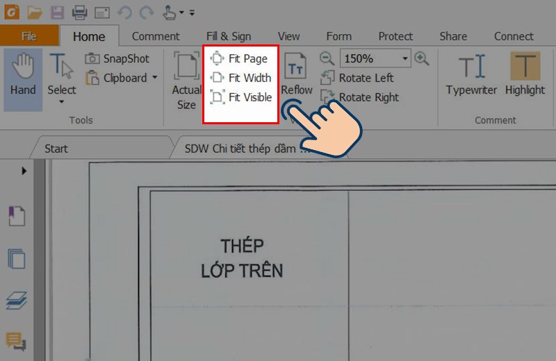 Chọn vào Fit Page, Fit Width, Fit Visible để điều chỉnh kích thước xem file cho dễ đọc.