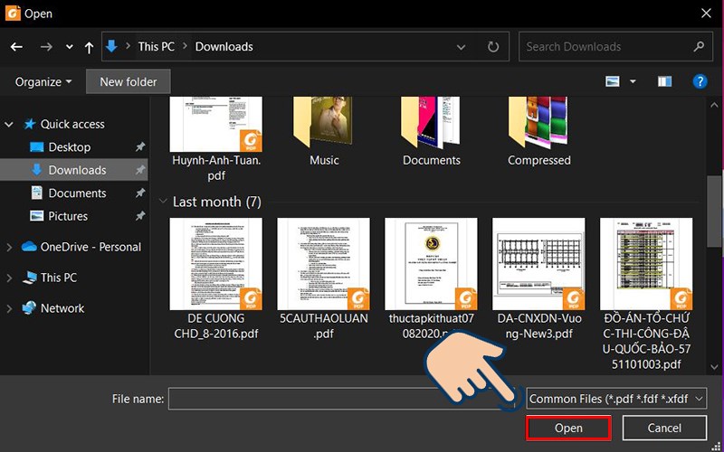 đến file PDF mà mình muốn muốn chỉnh sửa rồi chọn vào Open để mở file.