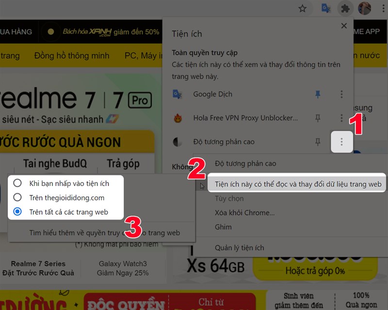 Nhấn vào biểu tượng ba chấm sau tiện ích bạn muốn cấp quyền đọc và thay đổi dữ liệu trang web 