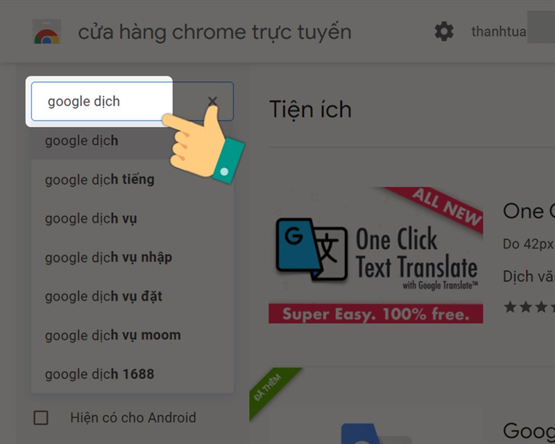 Tìm kiếm tiện ích trong cửa hàng Chrome