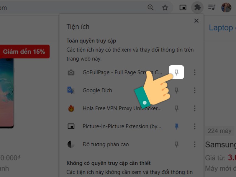 Nhấn vào biểu tượng ghim sau tiện ích GoFullPage