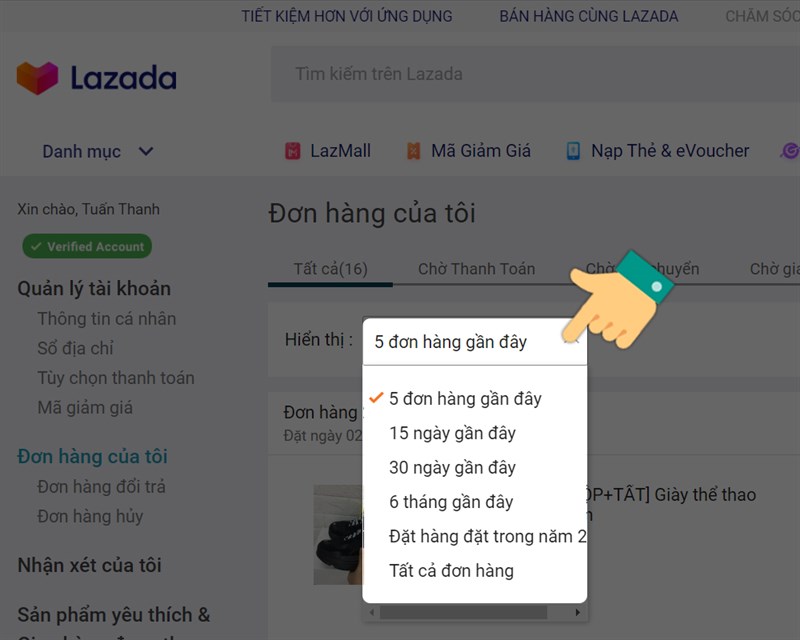 t&ugrave;y chọn hiển thị số lượng đơn h&agrave;ng đ&atilde; đặt tr&ecirc;n Lazada của bạn