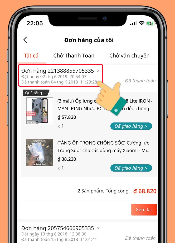 Nhấn v&agrave;o đơn h&agrave;ng bạn muốn kiểm tra