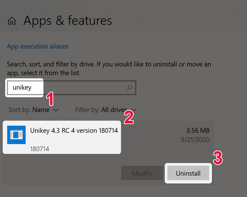 Chọn Unikey và bấm Uninstall