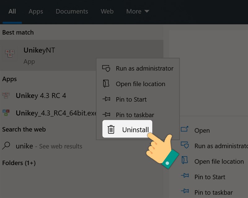 Nhấn chuột phải vào Unikey và chọn uninstall