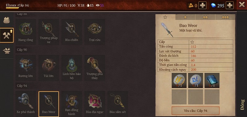 Bằng c&aacute;ch n&acirc;ng cấp độ của bản th&acirc;n, người chơi sẽ c&oacute; thể chế tạo th&ecirc;m những đồ vật kh&aacute;c