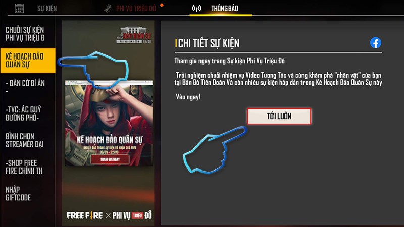 Bước 3: Chọn Kế hoạch đảo qu&acirc;n sự, Nhấn Tới lu&ocirc;n để v&agrave;o.