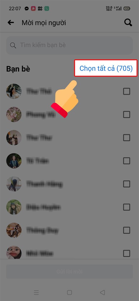 Để mời tẩt cả bạn bè thích Trang Facebook, bạn nhấn Chọn tất cả.