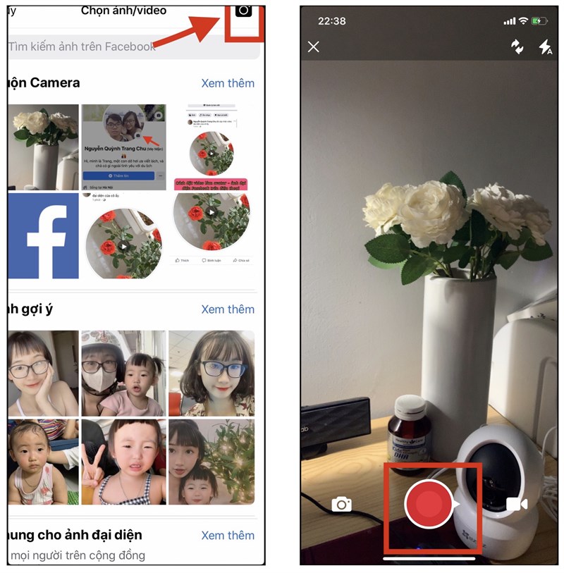 Quay trực tiếp chọn máy ảnh bên góc phải > chọn nút quay màu đỏ để quay video.