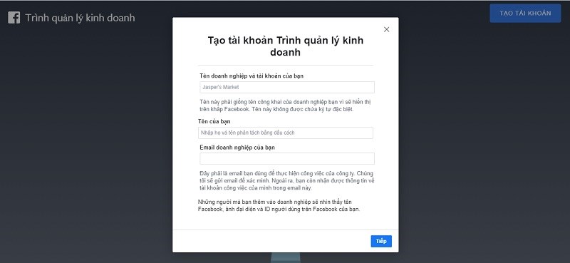 Tạo tài khoản quản lý doanh nghiệp