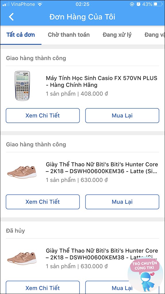 Kiểm tra tình trạng đơn hàng theo các mục trên ứng dụng.