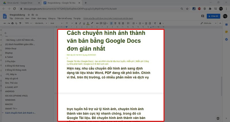 Sau khi ho&agrave;n th&agrave;nh Bước 4 th&igrave; Google Drive sẽ dẫn bạn sang một website mới. Trong đ&oacute;, bạn c&oacute; thể chỉnh sửa h&igrave;nh ảnh bạn đ&atilde; tải l&ecirc;n dưới dạng văn bản.