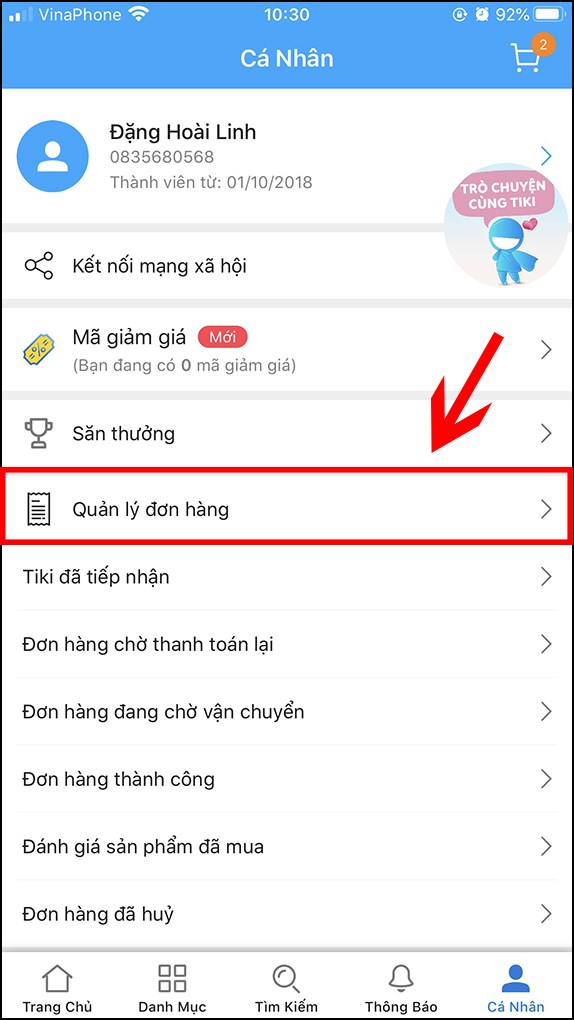 Chọn mục Quản lý đơn hàng.